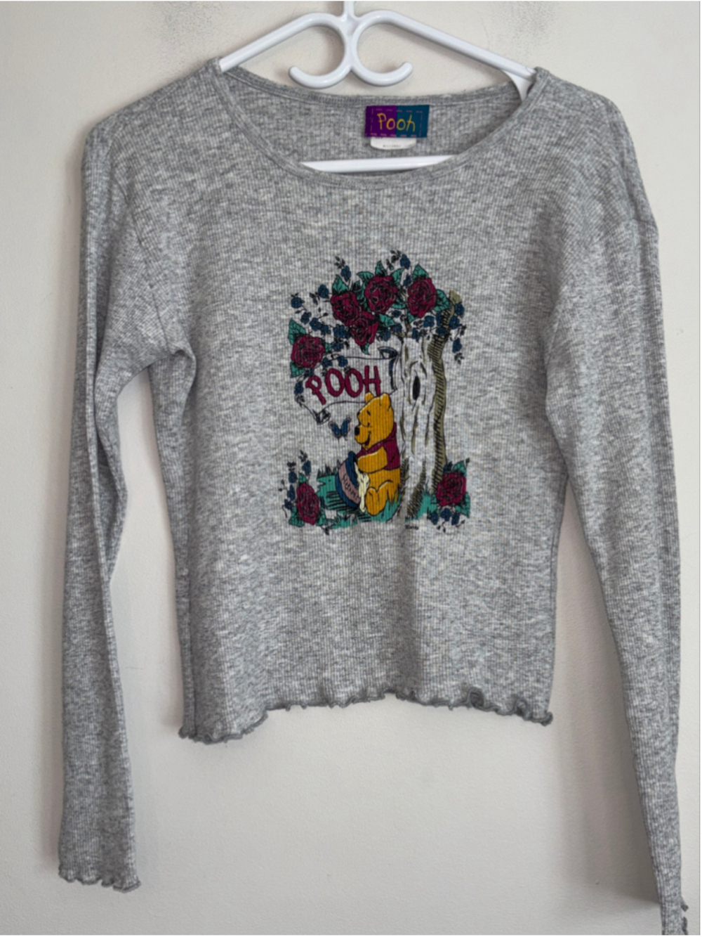 Vintage Y2K Disney Winnie The Pooh Long Sleeve Ribbed Tee Small Grey Red - Picture 7 of 7